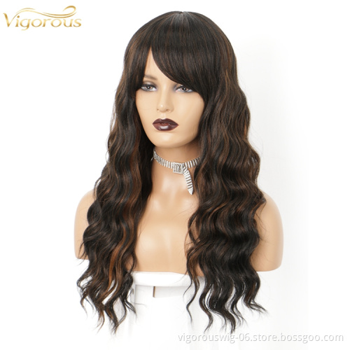 Vigorous loose wave curly long highlight brown hair with bang heat resistant synthetic fiber wig no lace front for women